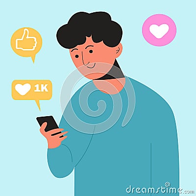 Marketing in social networks. A guy, a brunette man holding a smartphone in blue, black. Stock Photo